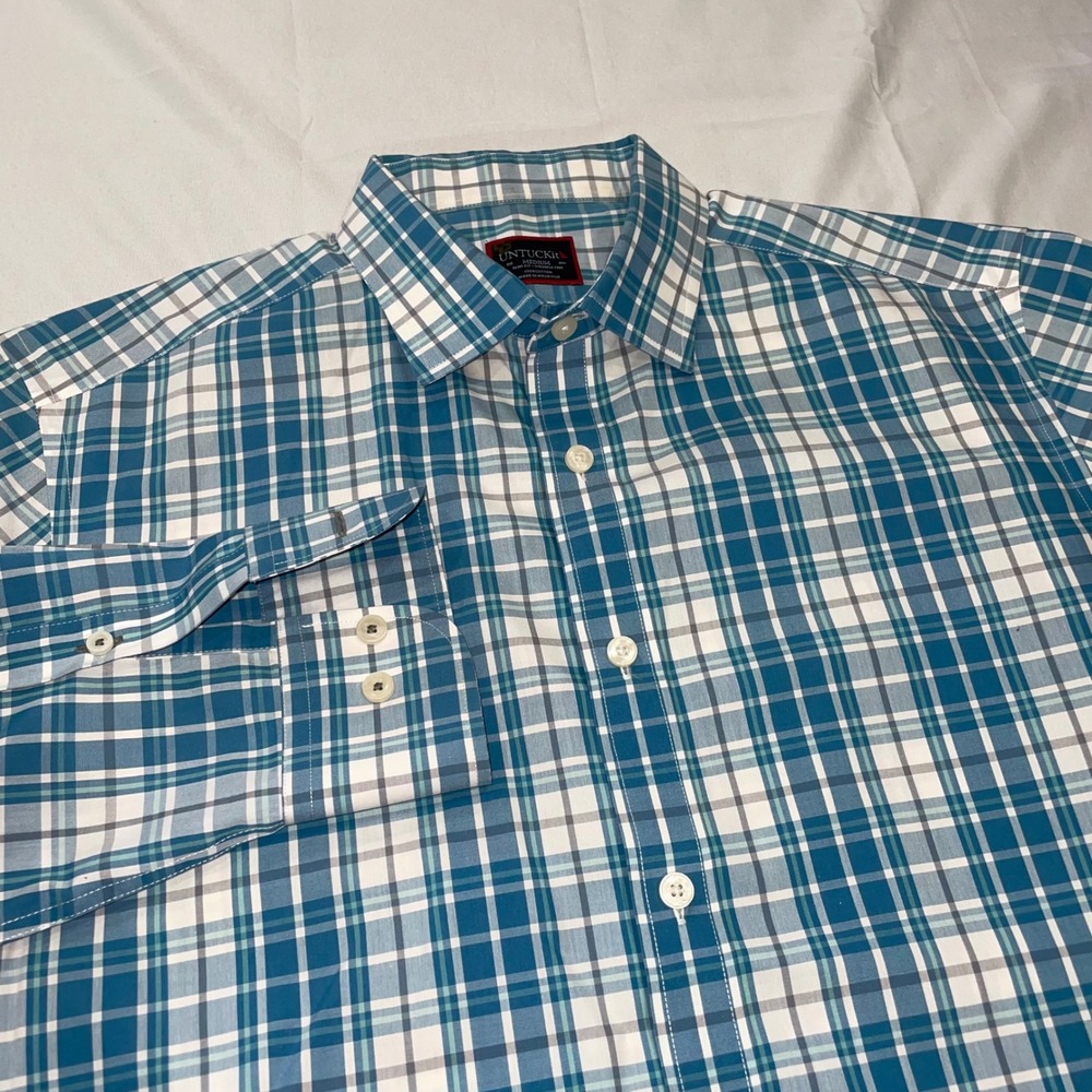 UNTUCKit Mens Slim Fit Wrinkle Free‎ Plaid Button Down Shirt Blue White Medium